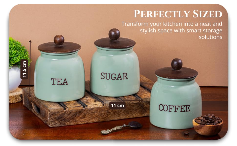 GREEN -v | Modern Kitchen Set | Air Tight Containers for Kitchen Storage | Sugar Tea Coffee Container Set of 3