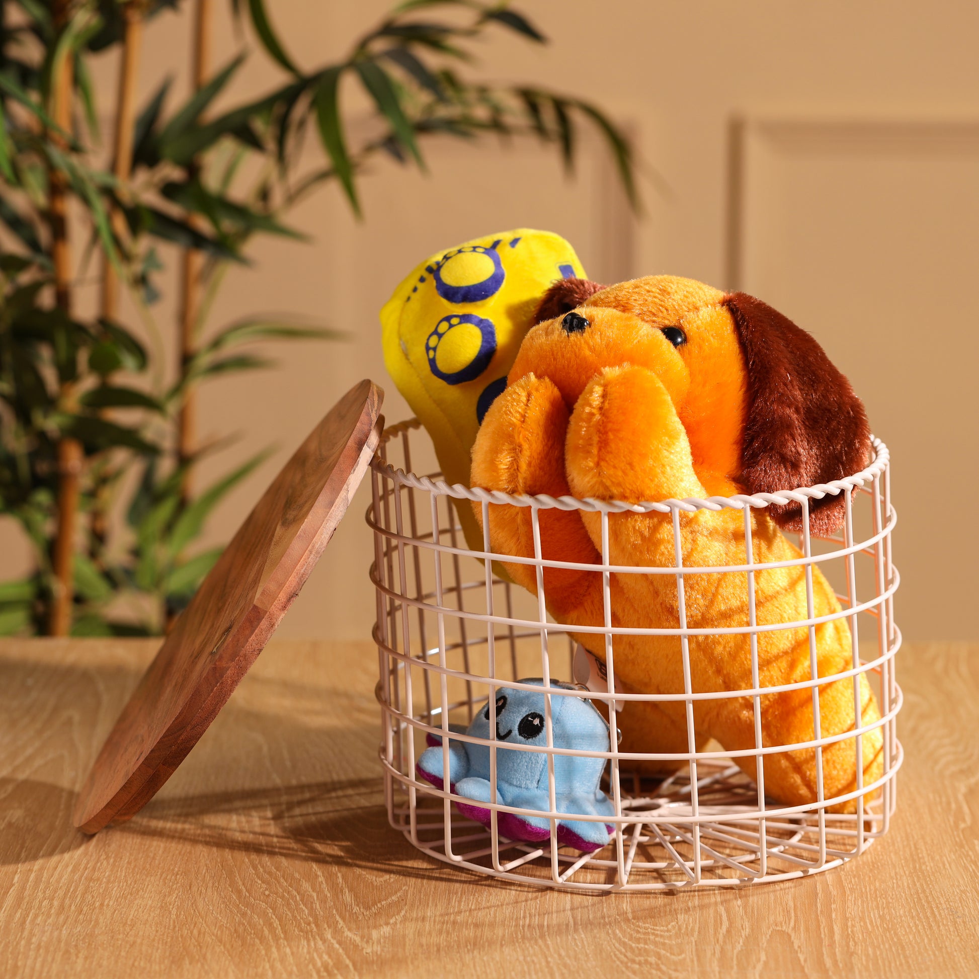 Tall-v | Neo-Modern Metal Wire Storage Basket with Wood Lid