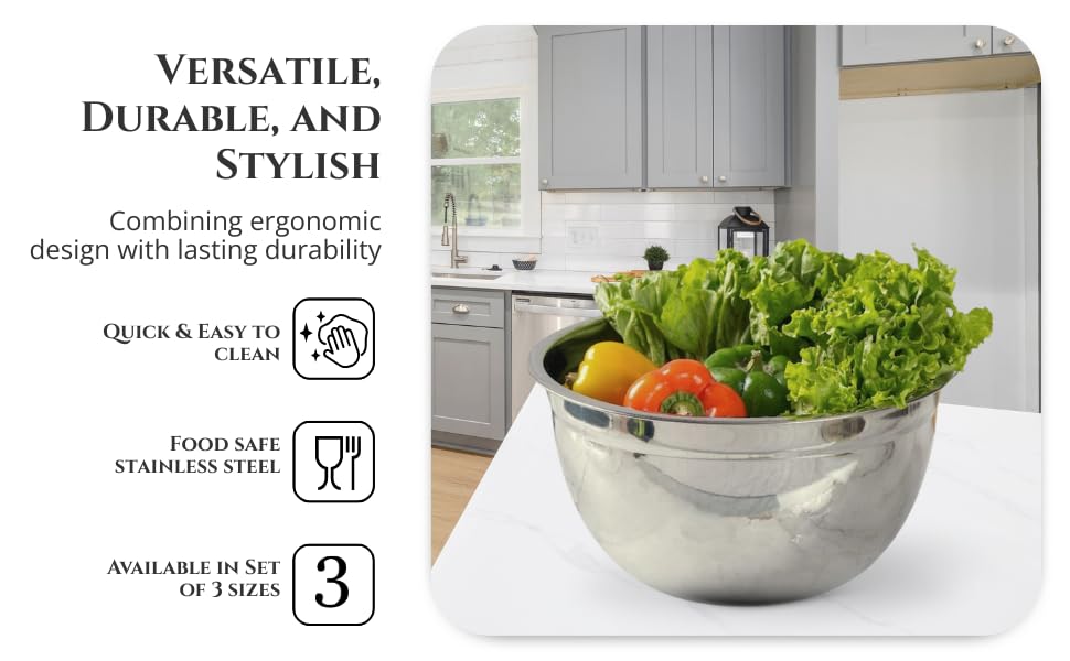 Silver-v | Stainless Steel Mixing & Serving Bowl | Set of 3 pcs Without lid