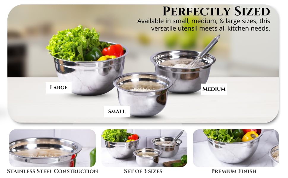 Silver-v | Stainless Steel Mixing & Serving Bowl | Set of 3 pcs Without lid