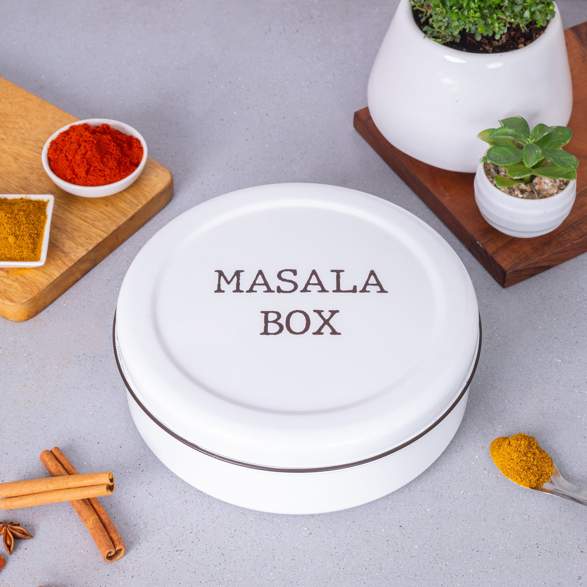 white-v | Modern Stainless Steel Masala Box | Masala Dabba with 7 Containers and Spoon
