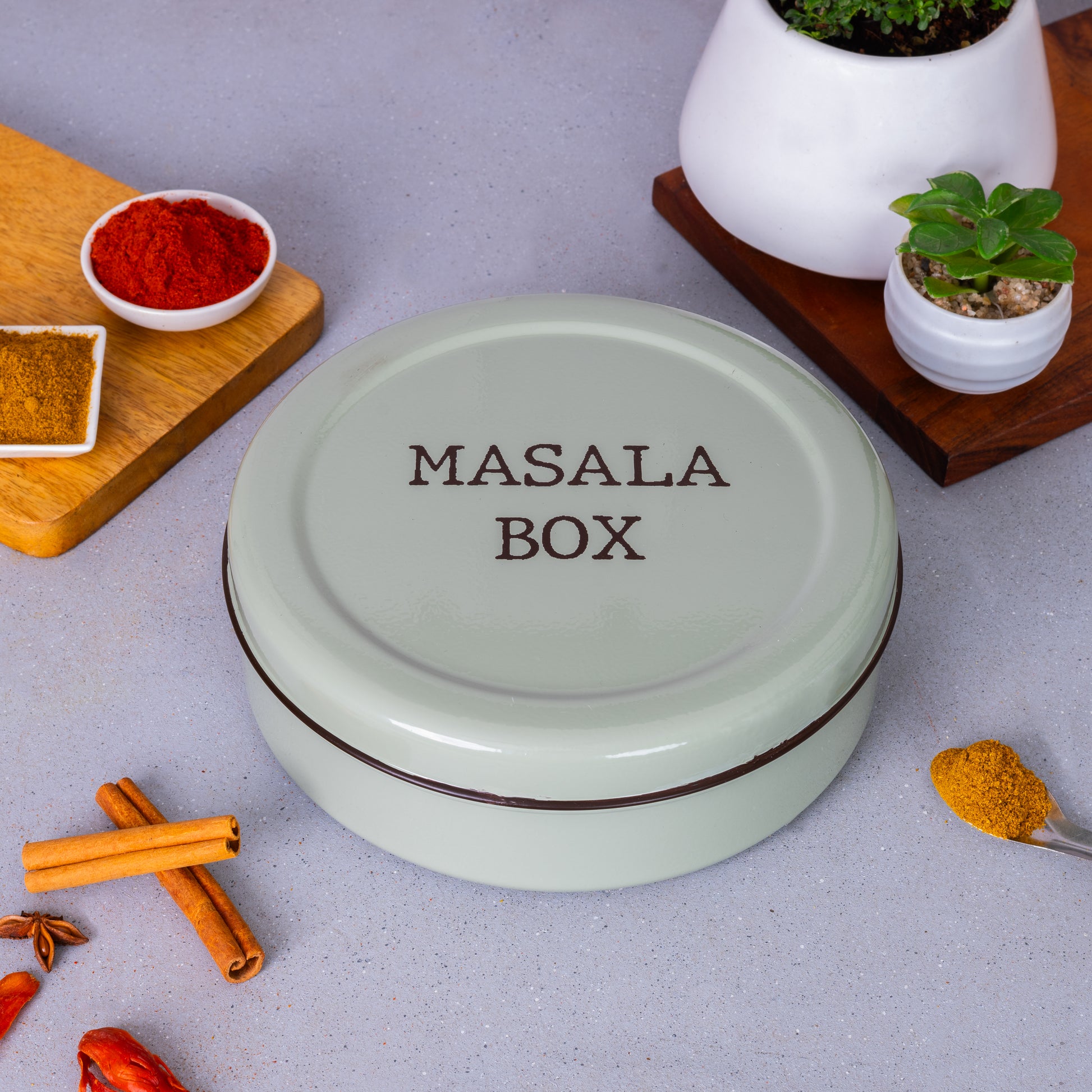 green-v | Modern Stainless Steel Masala Box | Masala Dabba with 7 Containers and Spoon
