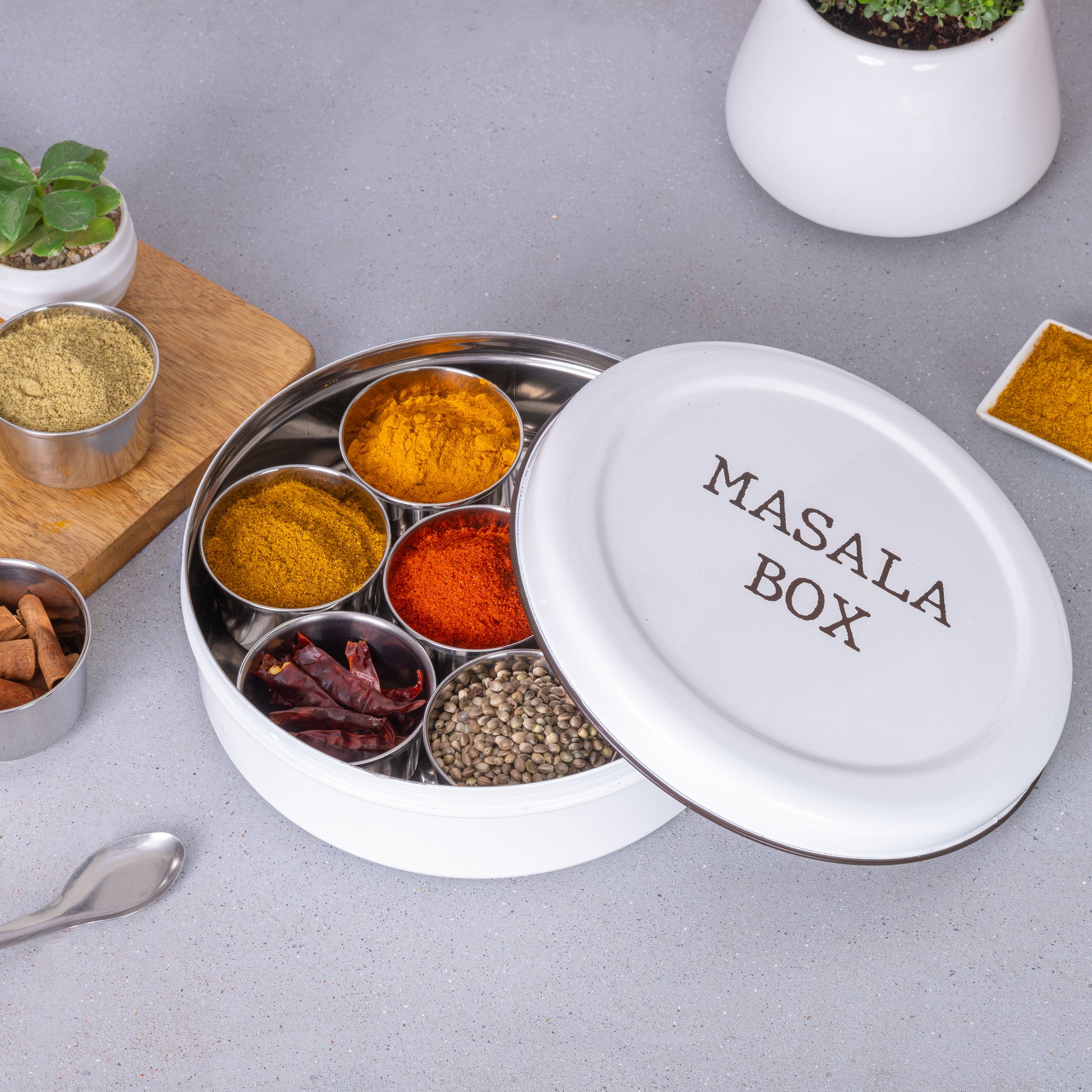 white-v | Modern Stainless Steel Masala Box | Masala Dabba with 7 Containers and Spoon