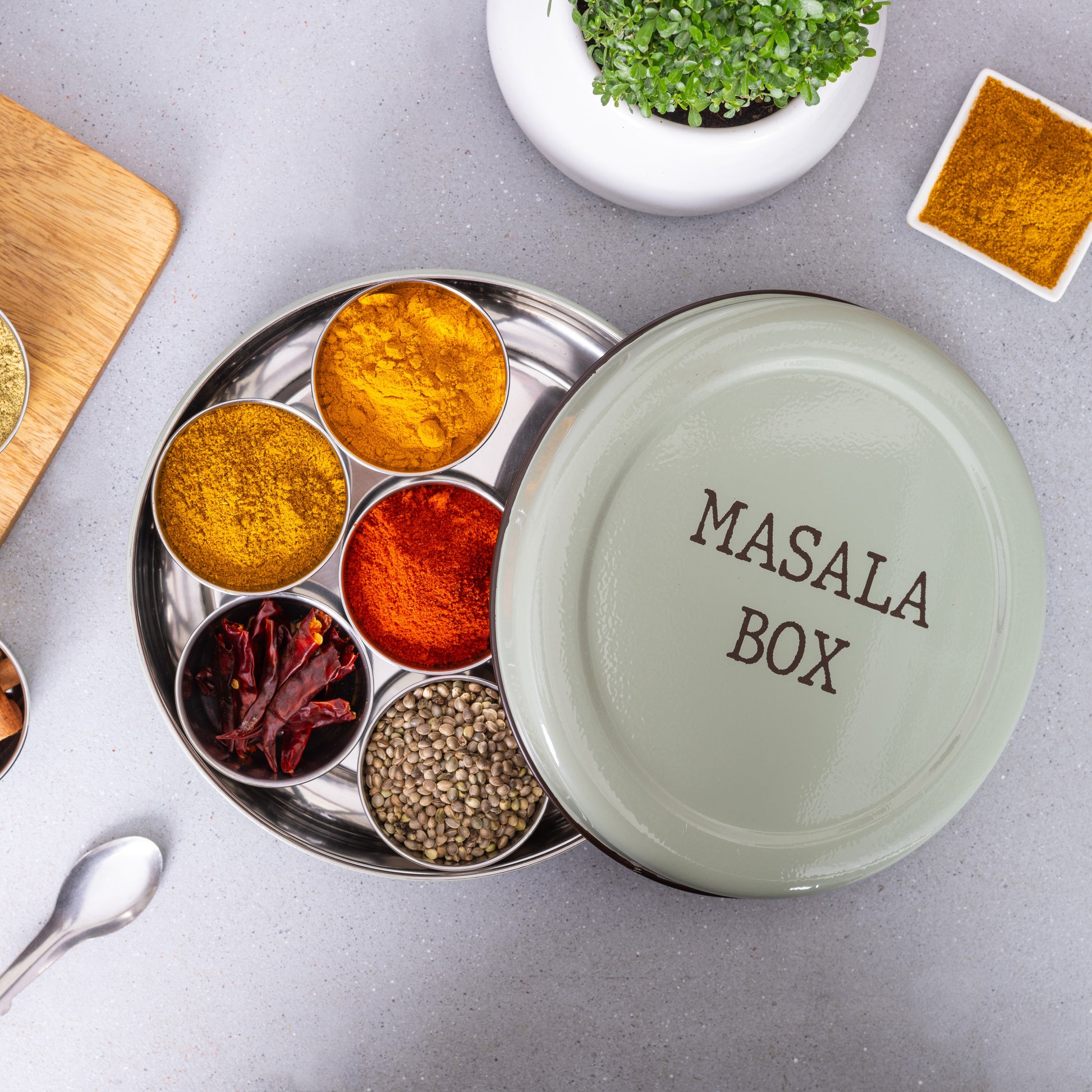 green-v | Modern Stainless Steel Masala Box | Masala Dabba with 7 Containers and Spoon