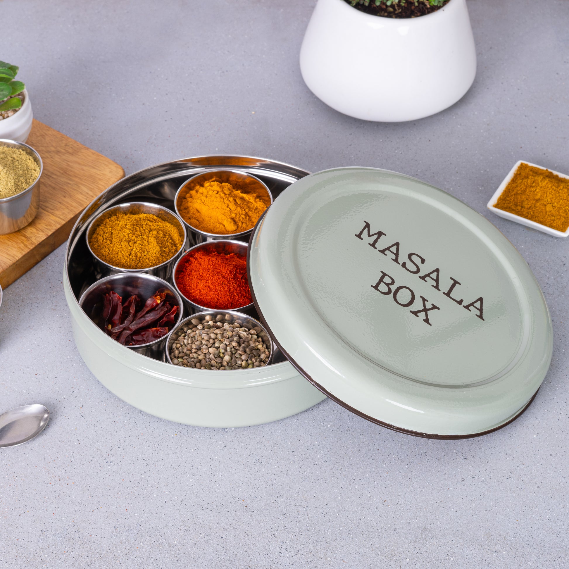 green-v | Modern Stainless Steel Masala Box | Masala Dabba with 7 Containers and Spoon