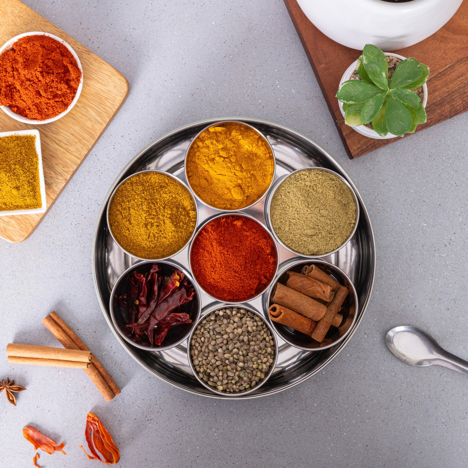 green-v | Modern Stainless Steel Masala Box | Masala Dabba with 7 Containers and Spoon
