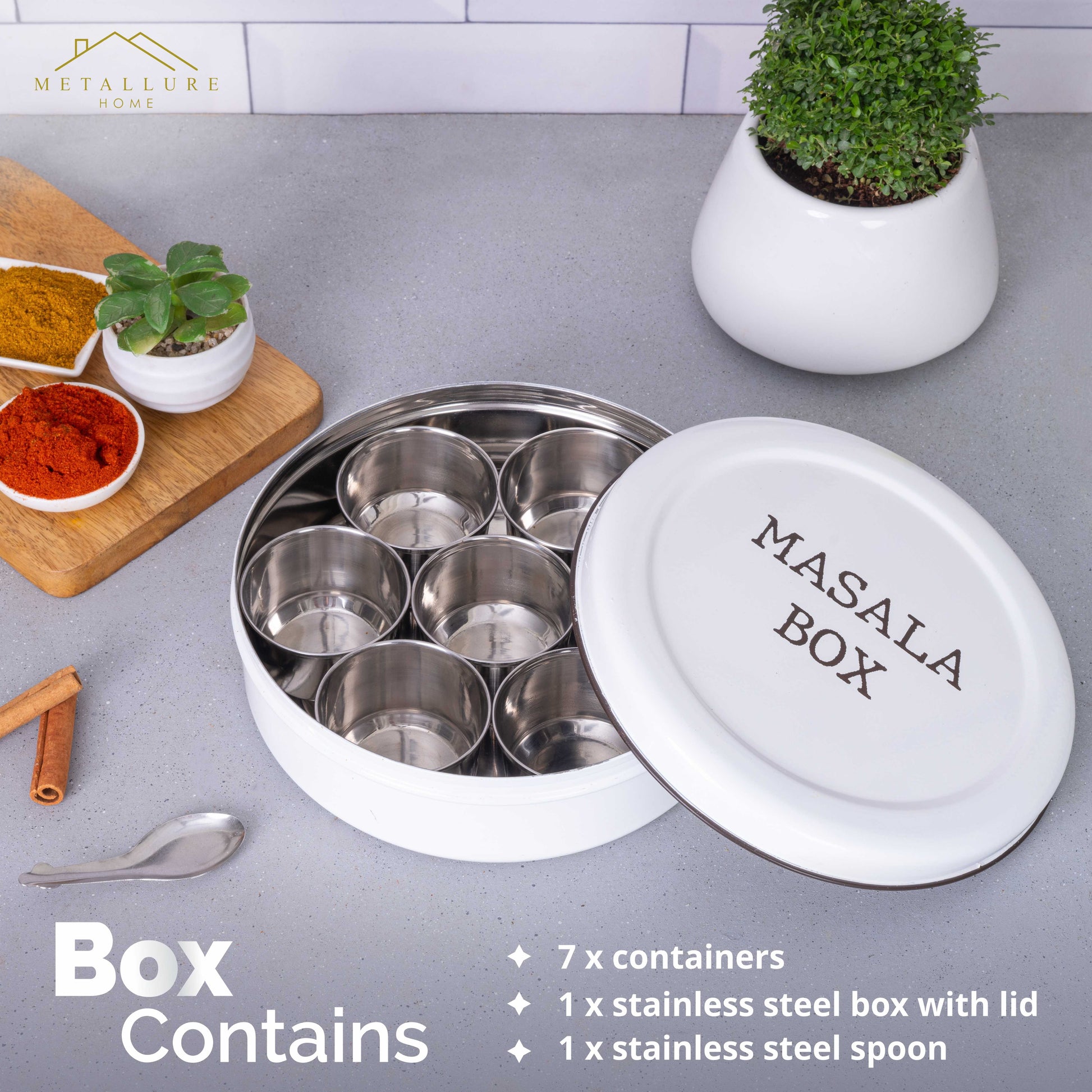 white-v | Modern Stainless Steel Masala Box | Masala Dabba with 7 Containers and Spoon