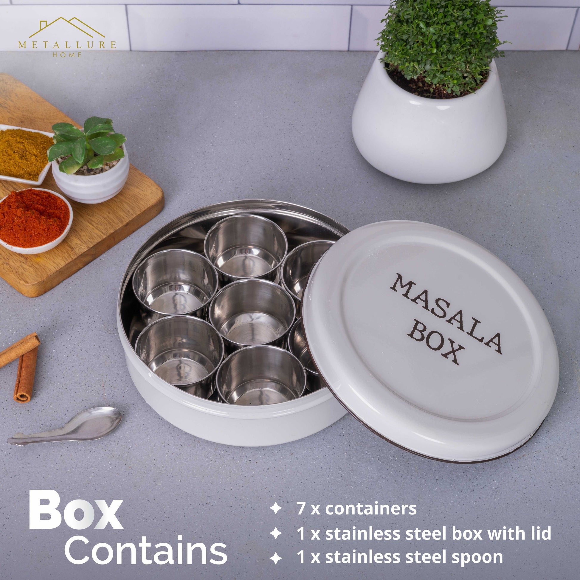 light grey-v | Modern Stainless Steel Masala Box | Masala Dabba with 7 Containers and Spoon