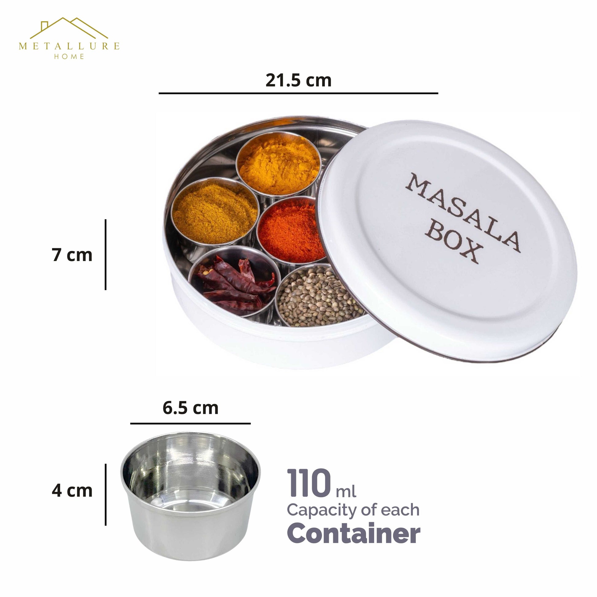 white-v | Modern Stainless Steel Masala Box | Masala Dabba with 7 Containers and Spoon