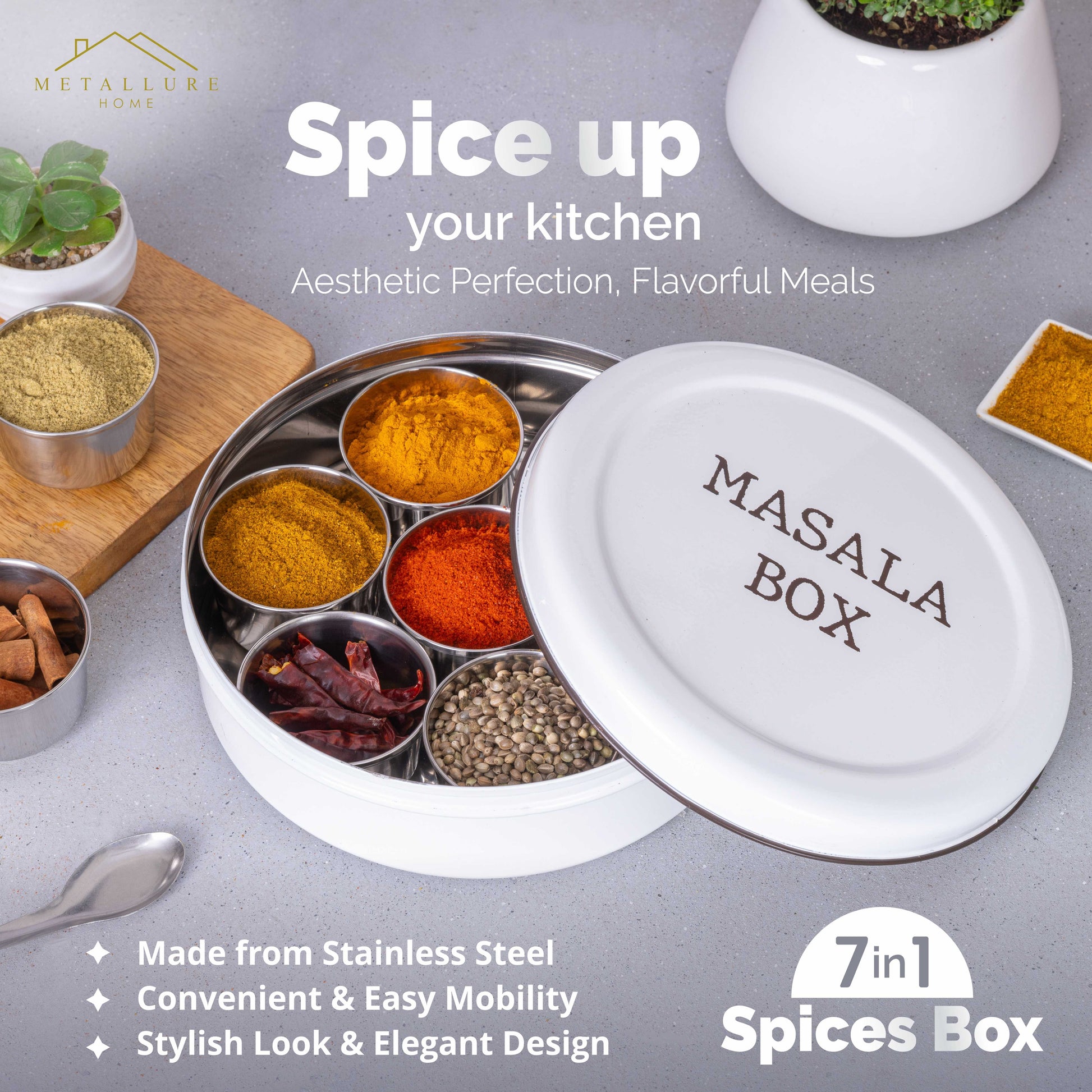 white-v | Modern Stainless Steel Masala Box | Masala Dabba with 7 Containers and Spoon