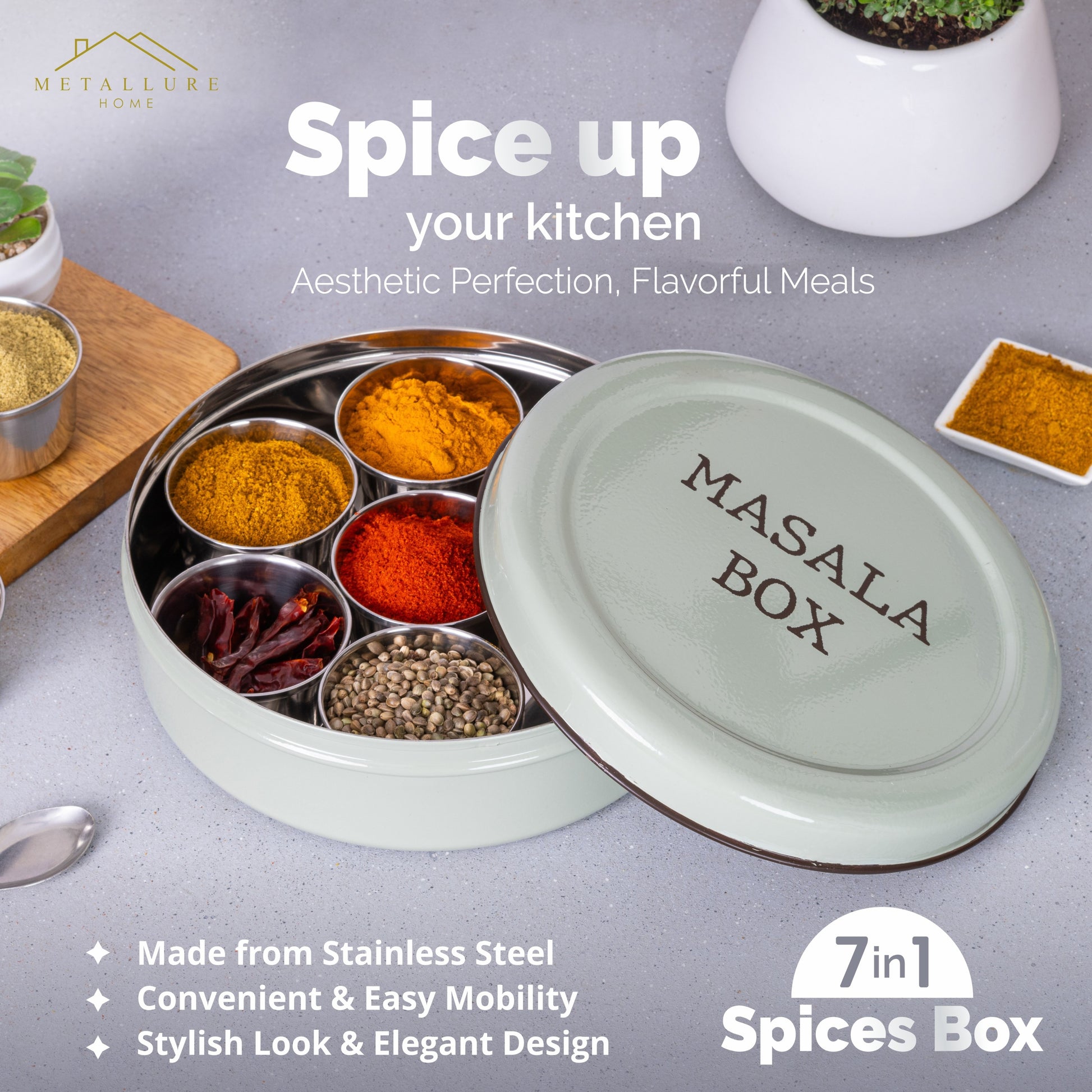 green-v | Modern Stainless Steel Masala Box | Masala Dabba with 7 Containers and Spoon
