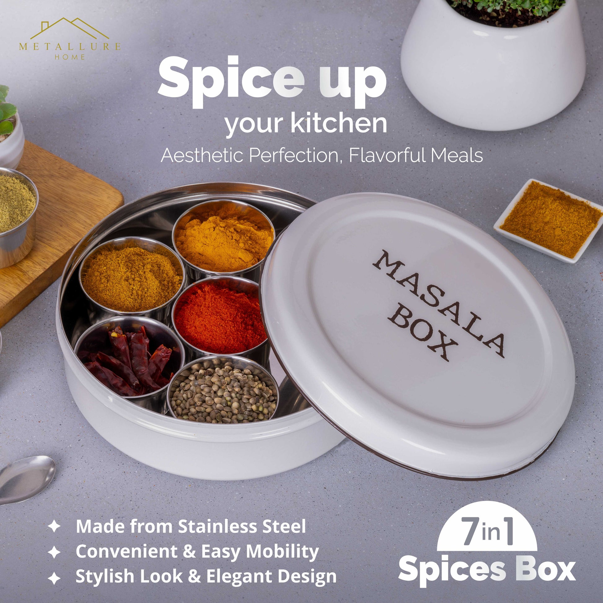 light grey-v | Modern Stainless Steel Masala Box | Masala Dabba with 7 Containers and Spoon