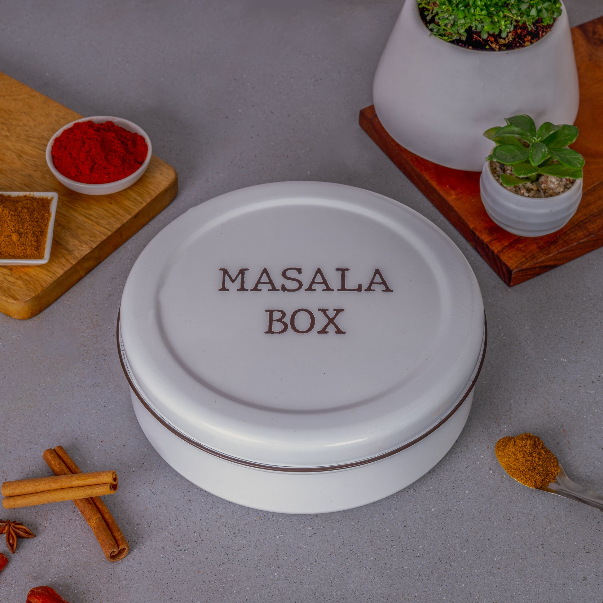light grey-v | Modern Stainless Steel Masala Box | Masala Dabba with 7 Containers and Spoon