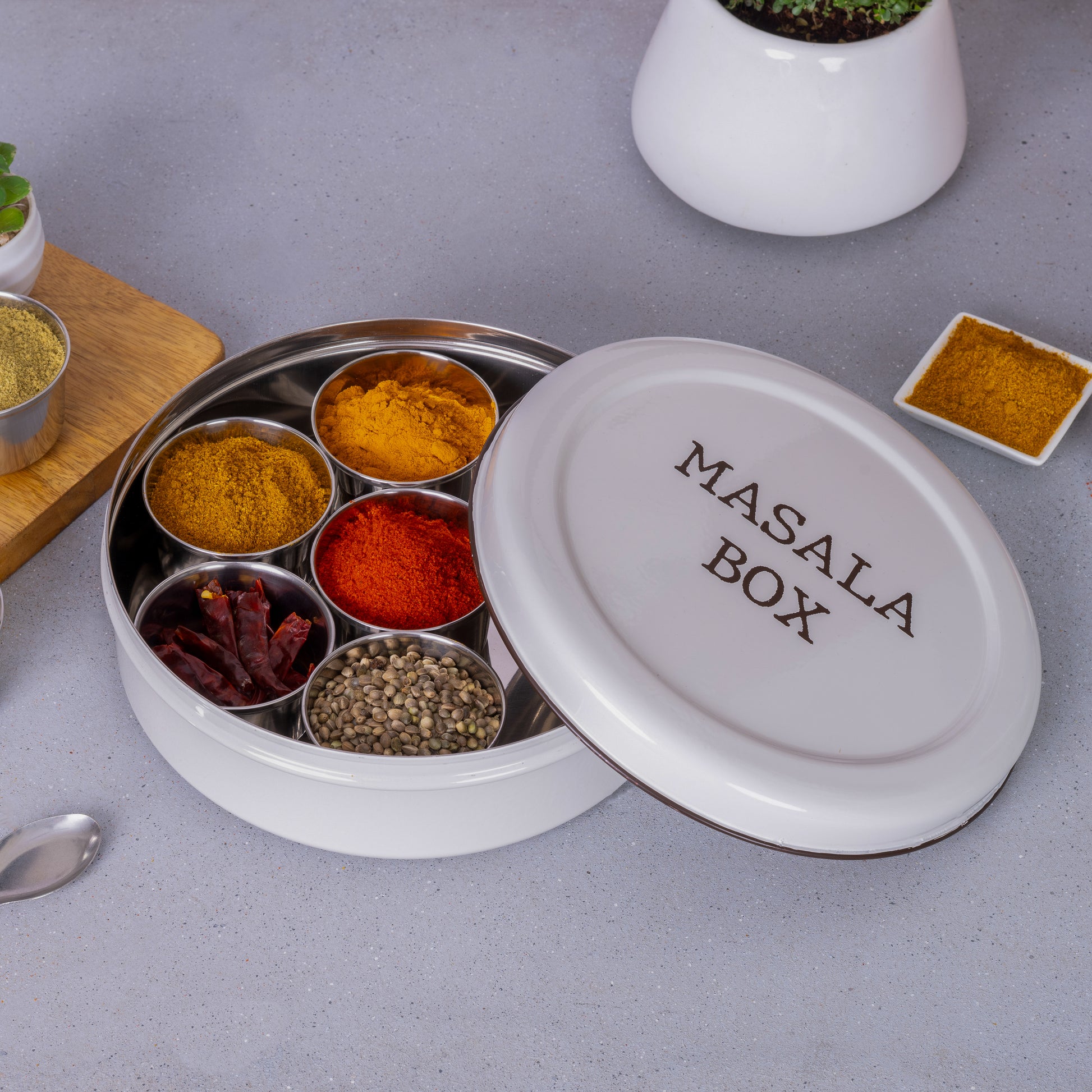 Light Grey-v | Modern Stainless Steel Masala Box | Masala Dabba with 7 Containers and Spoon