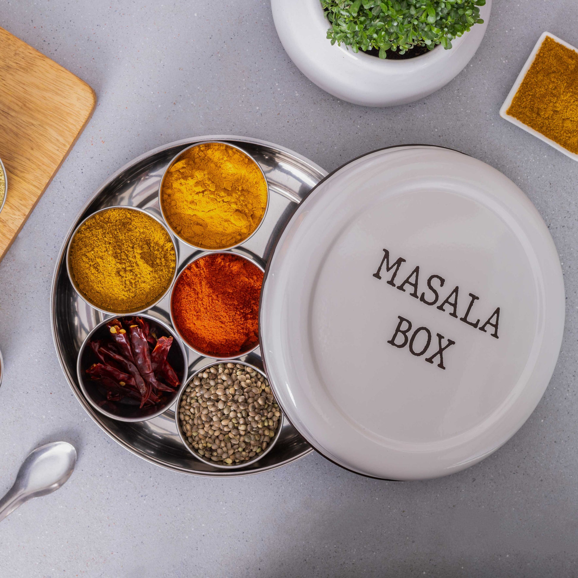 light grey-v | Modern Stainless Steel Masala Box | Masala Dabba with 7 Containers and Spoon