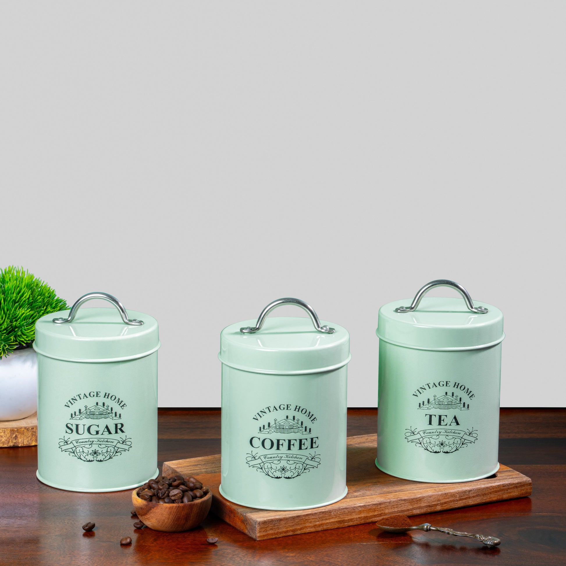 light green-v | Round Classic Airtight Container Set |Sugar Tea Coffee Container Set of 3