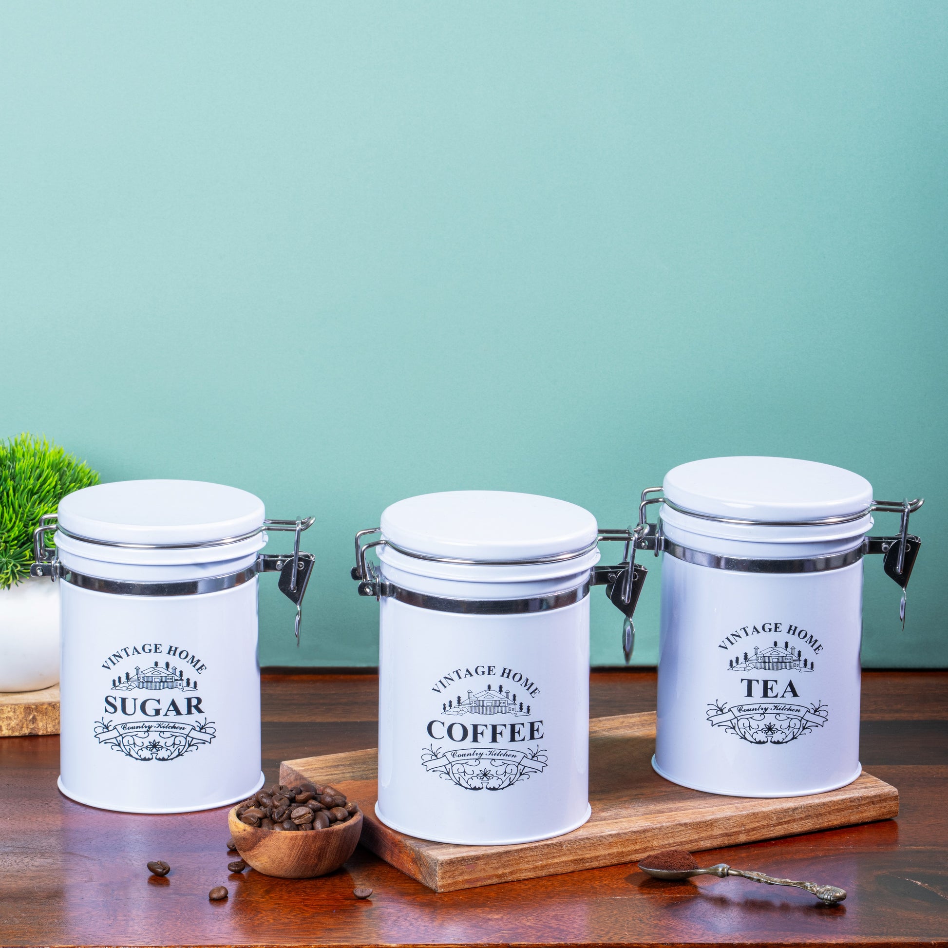 White-v | Clip-Lock Round Classic Airtight Container Set | Sugar Tea Coffee Container Set of 3