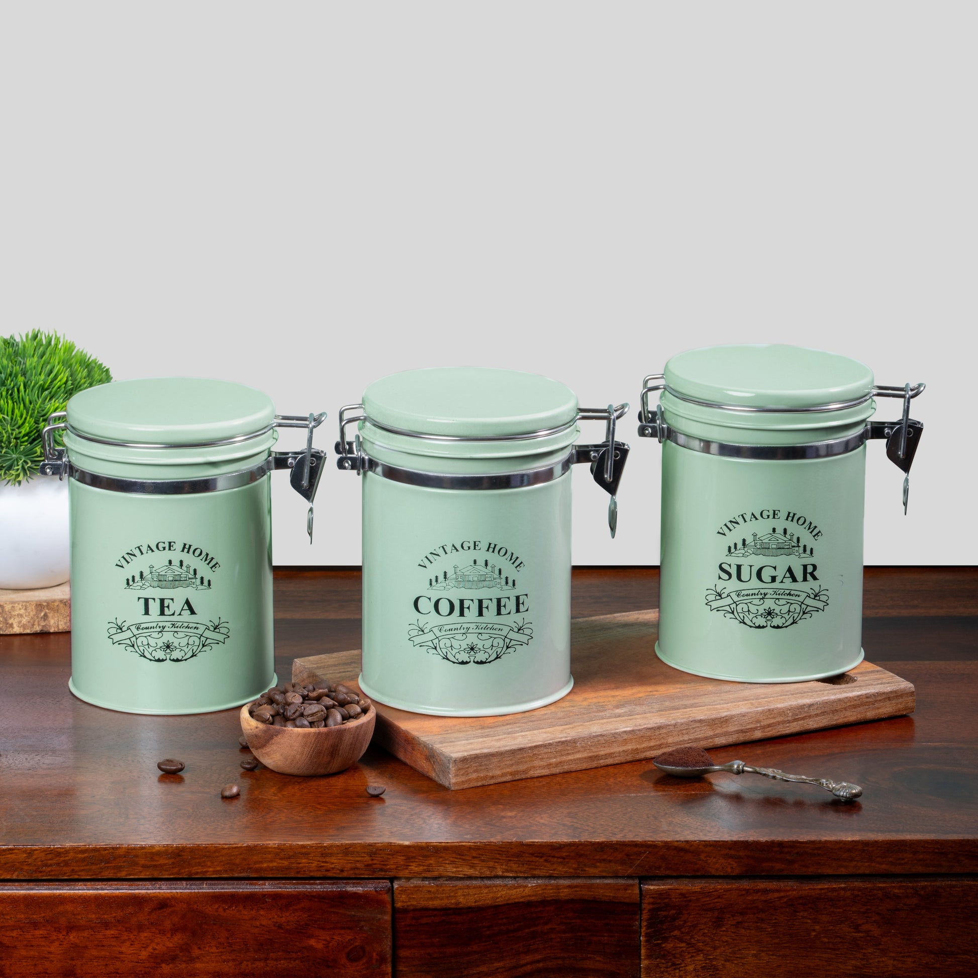light green-v | Clip-Lock Round Classic Airtight Container Set | Sugar Tea Coffee Container Set of 3