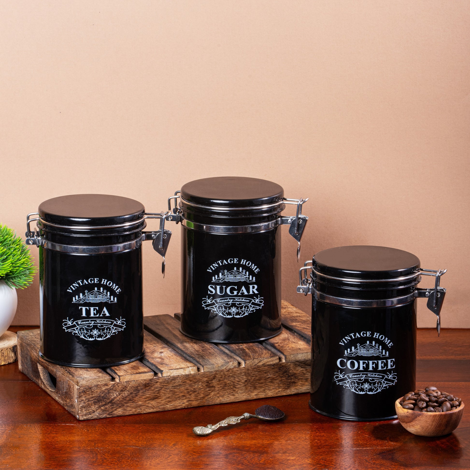 Black-v | Clip-Lock Round Classic Airtight Container Set | Sugar Tea Coffee Container Set of 3