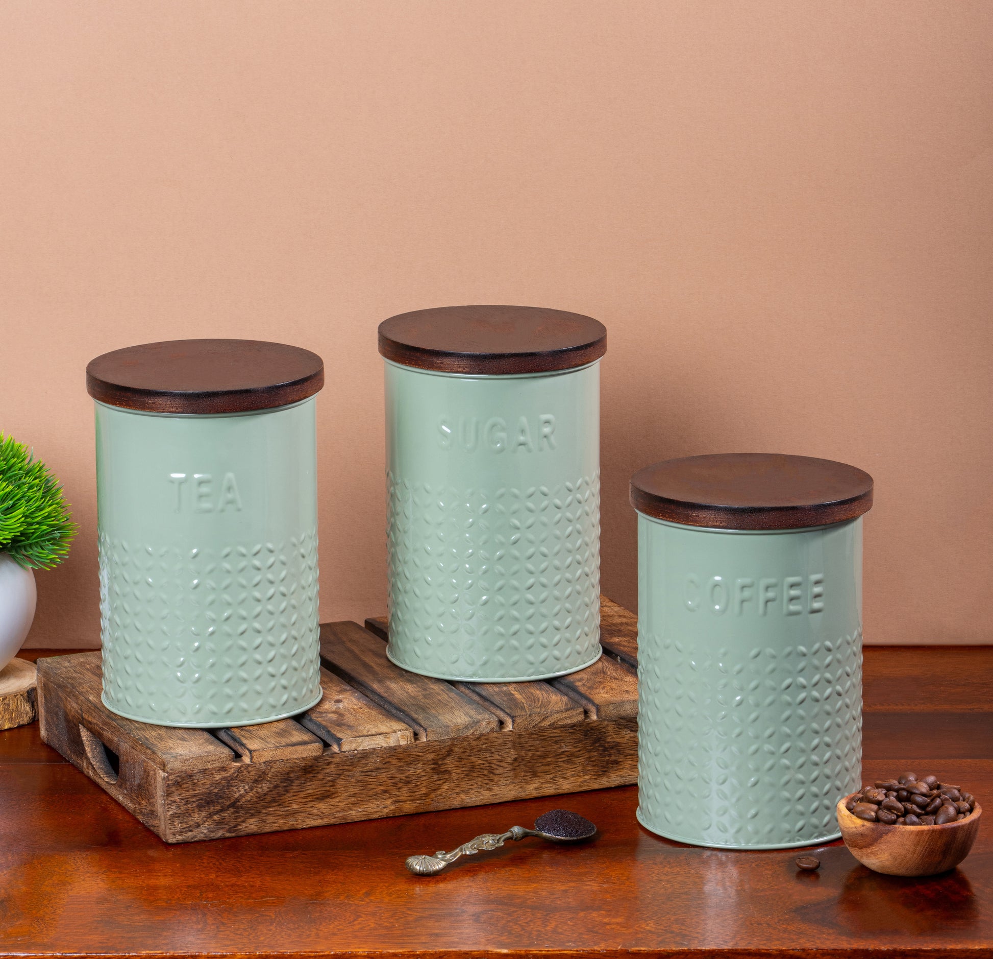Green-v | Embossed Kitchen Set | Air Tight Containers for Kitchen Storage | Tea Coffee Sugar Containers Set of 3