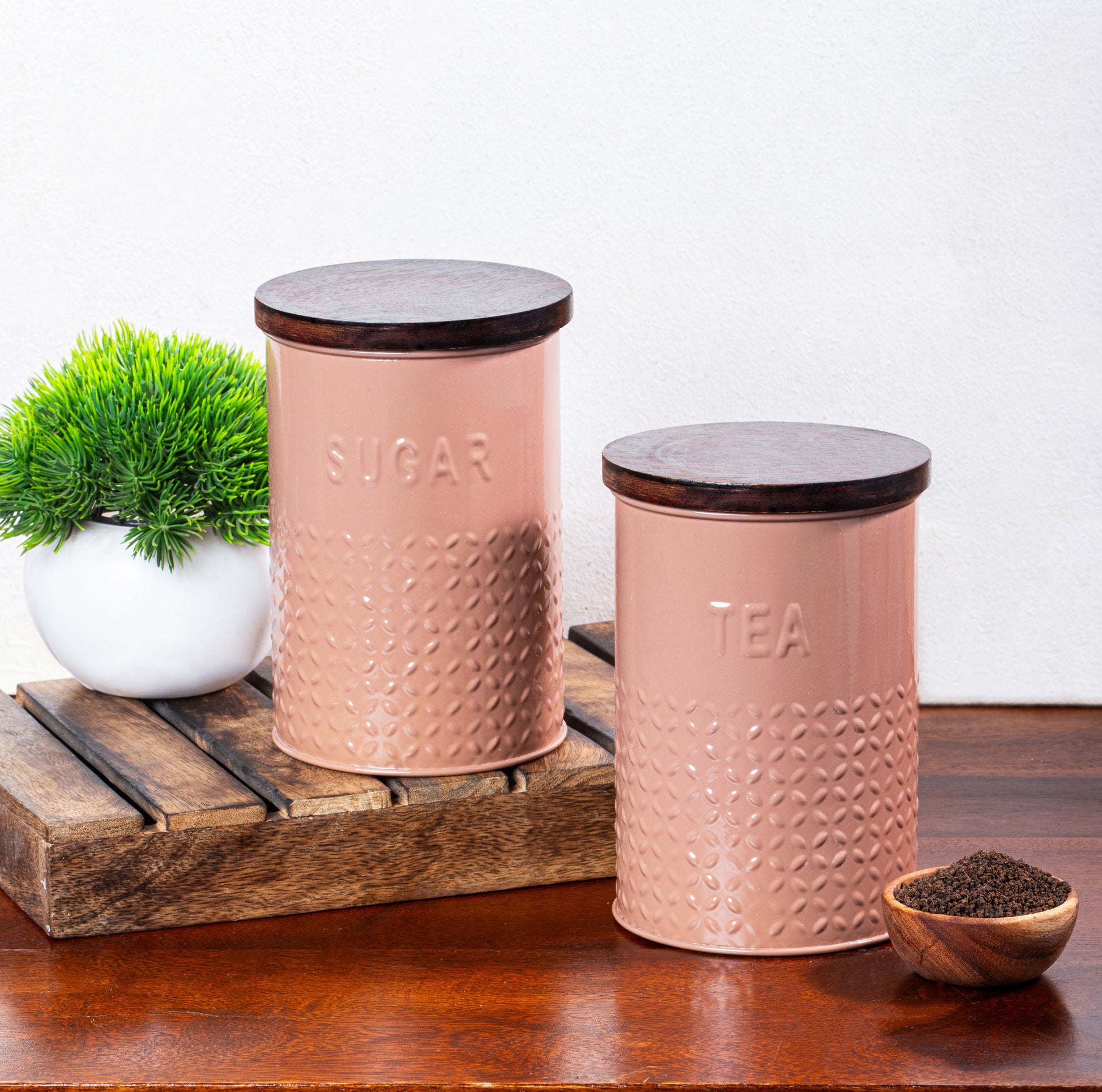 Mocha Mousse-v | Embossed Kitchen Storage Jars |Sugar Tea Set of 2 Metal & Wood Jars
