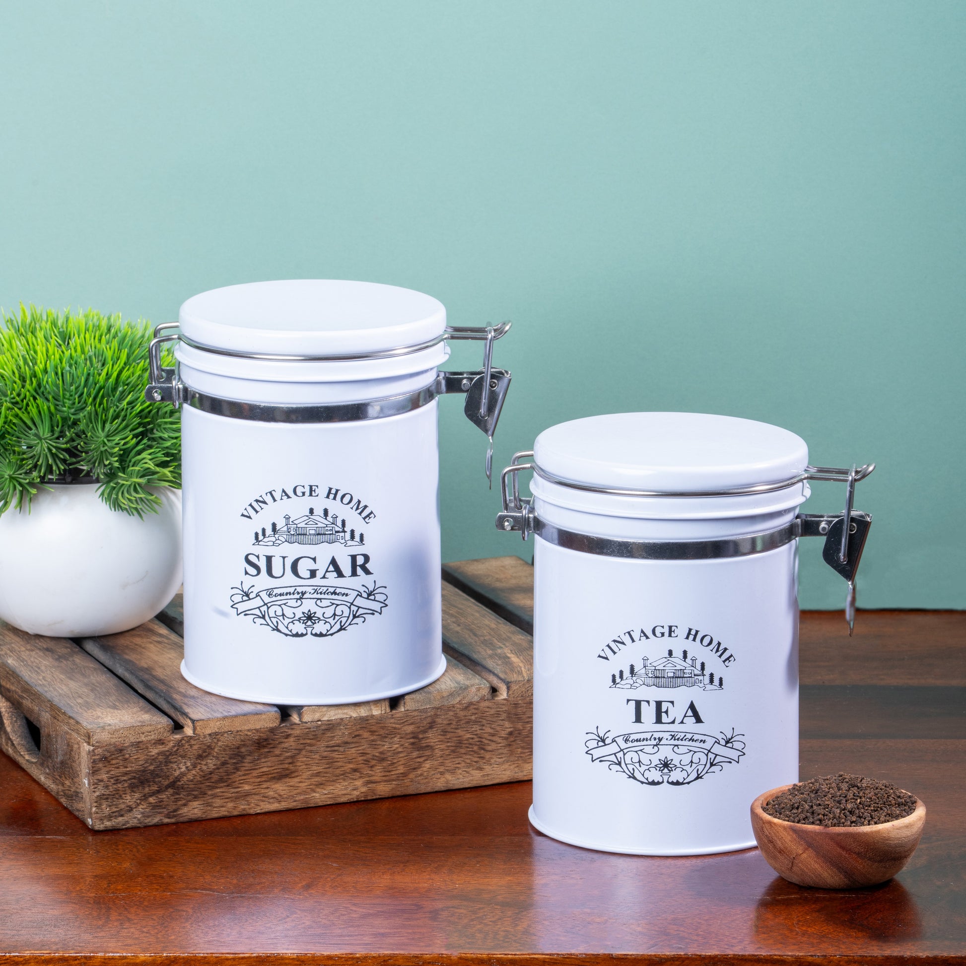 White-v | Clip-Lock Round Classic Tea Sugar Container Set of 2